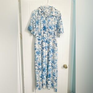 H&M White and Blue Floral Midi Dress | Belt dress | Spring/summer dress